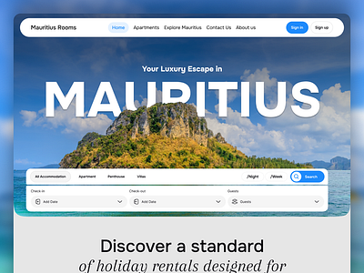 Luxury Apartment Booking Website – 🏨 Mauritius Rooms booking system design hospitality ui hotel booking interactive design landing page luxury apartments modern ui resort website travel website ui ui design ux ux design vacation rental web design website ui