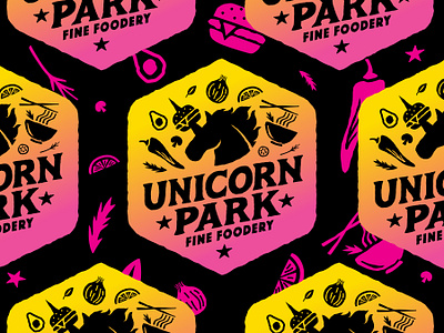 Unicorn Park avo badge character dream food truck hamburger horn horse icon illustration ingredients logo noodles onion pepper ramen restaurant texture unicorn