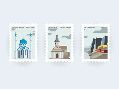 Travel stamps architecture design belarus flat illustration kazan lofoten minimal design norway postage card postage mark postage stamp postage stamps postcard design postcards russia simple graphic stamp design stamps stickers travel travel stamps