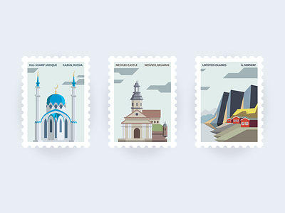 Travel stamps architecture design belarus flat illustration kazan lofoten minimal design norway postage card postage mark postage stamp postage stamps postcard design postcards russia simple graphic stamp design stamps stickers travel travel stamps