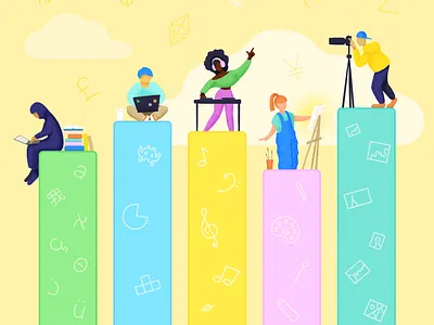 Creator Economy (editorial) bloggers blogging chart colorful creativity creators creators diagram diagram diversity dj illustration editorial graph hobbies illustration musician positive professions web3.0 yellow young
