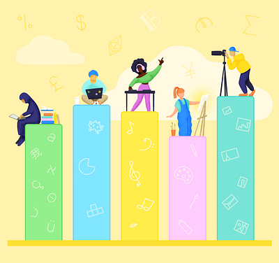 Creator Economy (editorial) bloggers blogging chart colorful creativity creators creators diagram diagram diversity dj illustration editorial graph hobbies illustration musician positive professions web3.0 yellow young