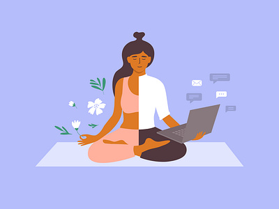 Work-life balance balance business care girl girl character harmony healthy illustration laptop life lifestyle meditation mindfulness relax self care vector wellbeing woman work yoga