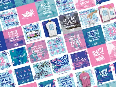 Social content for the Défi Foly art direction branding corporate identity event branding graphic design graphiste freelance illustration instagram posts logo pink ski snowboard social content social networks sport branding water