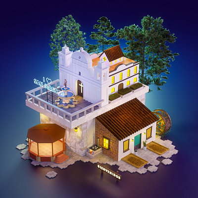 3D stylized illustration - Isometric town 3d 3d art blender blue church culture dark design illustration isometric art low poly people plant town tree ui