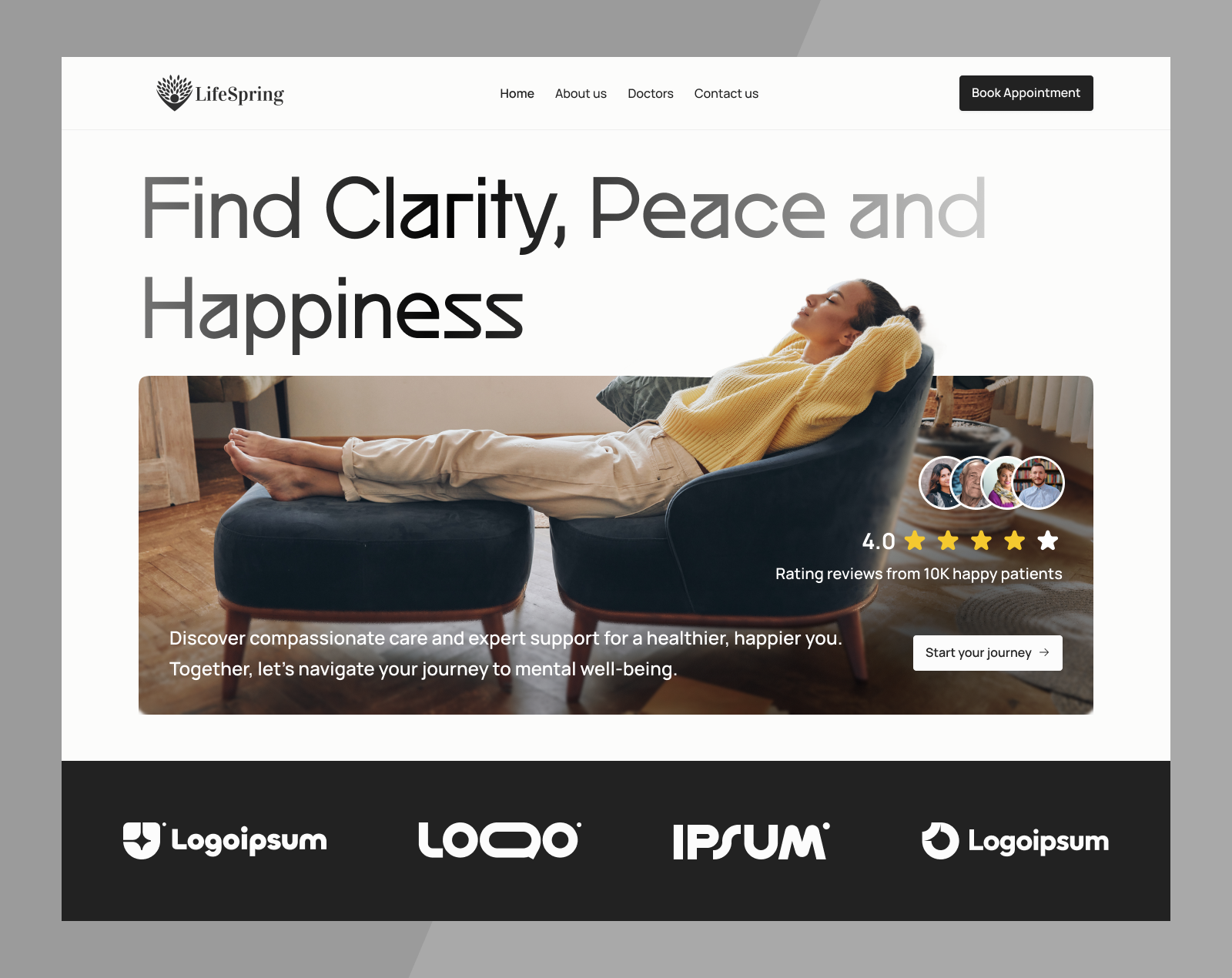 Hero Section Design for Mental Health & Wellbeing Platform health hero section design lifespring medical mental clinic mental health and wellbeing minimal minimal header design minimal hero design psychiatrist