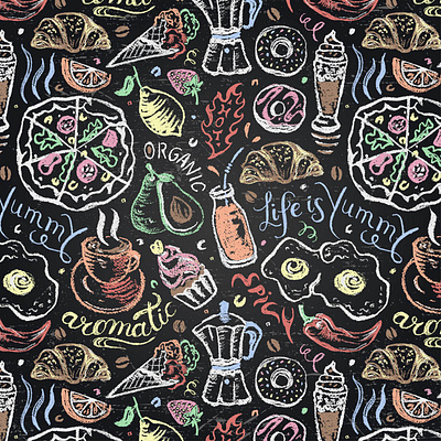 Food and drink seamless pattern adobe illustrator calligraphy chalk drawing chalkboard coffee food and drinks fruits illustration lettering menu pastel crayons pastels pastry pattern pizza print design quote restaurant menu retro