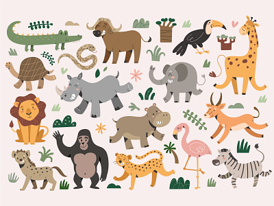 Cute african animals illustrations african animal buffalo cartoon character childish children cute design giraffe gorilla hippo illustration rhino toucan vector zebra