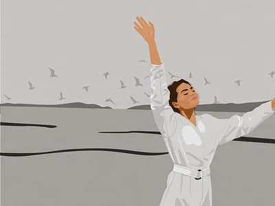 Woman in nature with birds art birds design grey illustration nature retro t shirt texture vector woman