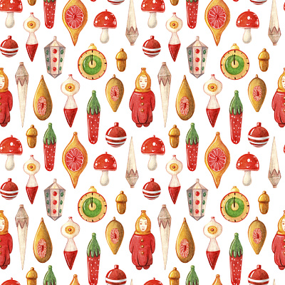 Vintage Christmas toys watercolor seamless pattern. joy