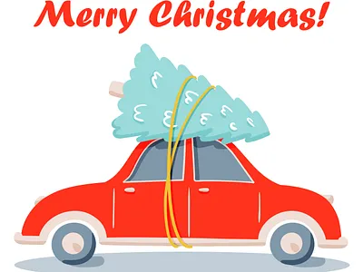 Flat vector drive red car with pine Christmas tree doodle christmas decoration