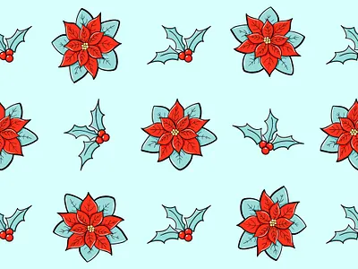 Poinsettia and holly branches vector seamless pattern. Winter fl holly branches