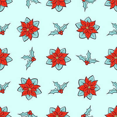 Poinsettia and holly branches vector seamless pattern. Winter fl holly branches