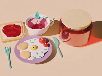 Милый завтрак для вас🌿 3d 3д моделирование 3д модель design graphic design illustration блендер блендер 3д блюда бутерброд варенье джем еда завтрак композиция моделирование модель уют чай яичница