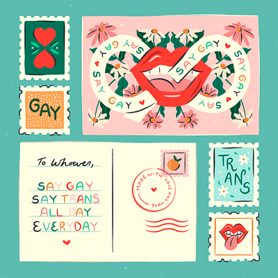 Say Gay design flowers gay hand drawn illustration illustrator lettering lgbtq love mail postcard procreate say gay stamps texture