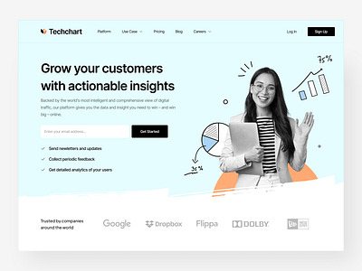 Techchart - Data Analytics SaaS Landing Page analytics chart clean data doodle landing page light blue minimalist pastel retro saas sketch software statistics ui ux web web design