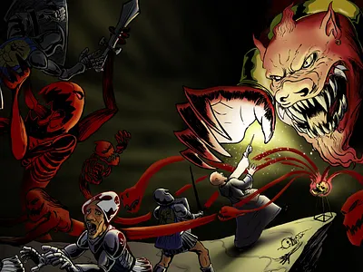 Wizard, knights, a familiar summoned and evil spirits demons familiar ghosts illustration knight knights line linedetail spirits summoning wizard