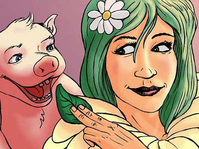 Vegan Goddess And Her Friend goddess illustration line linedetail pig piglet vegan