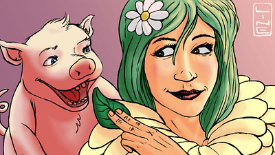 Vegan Goddess And Her Friend goddess illustration line linedetail pig piglet vegan