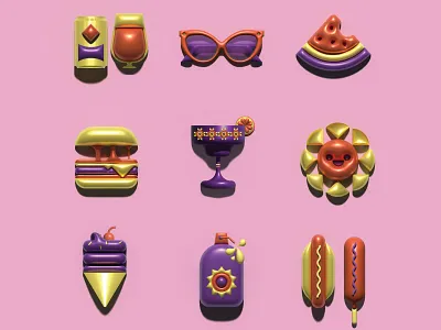 Summer Icons 3d beer design geometric hamburger hotdog icon icon set icons illustration metal pink summer sun sunscreen texture vector warm
