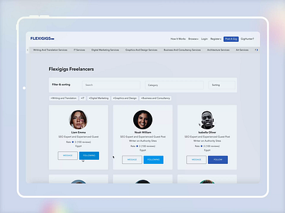 Flexigigs - Freelancing Platform Website 3d animation blue branding dark ui design development ecommerce free ui kit freelance george samuel graphic design illustration interaction landing page logo motion graphics ui upwork website