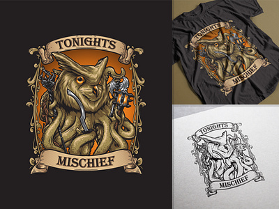 Tonights Mischief badge badge design branding branding identity design drawing engraving graphic design hand drawing hand drawn hand drawn logo illustration logo logo design octopus owl tentacles vintage vintage logo weapons