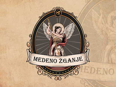 Medeno Žganje badge badge design branding branding identity decorative design engraving graphic design hand drawing hand drawing logo hand drawn illustration logo logo design michael archangel ornament saint michael archangel tattoo vintage vintage logo