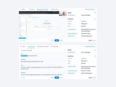 Transcript player apollo call chat conversation crm dashboard gong hubspot outreach pause play player record recording salesforce salesloft transcript zoom zoom call zoominfo