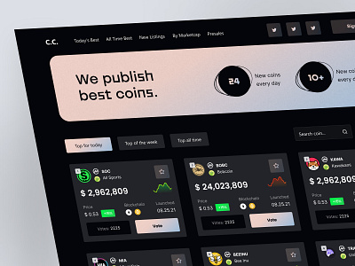 Service for publishing new cryptocurrency coins analytics chart clean crypto cryptocurrency dark exchange finance saas trade ui ux wallet web3 webflow