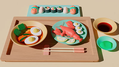 Вкусная восточная кухня для вас 🌿 3d 3д модель design graphic design illustration блендер блендер 3д блюдо восточная кухня зд моделирование моделирование модель рак рендер роллы сайклз суп суши япония японская кухня