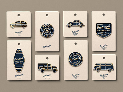 Pin Badges - Fortunio's Classic & Retro Cars 3d animation brand strategy branding classic cars colour palette defender design graphic design illustration italian design logo merchandising motion graphics mrmockup pin badges retro cars typography vector