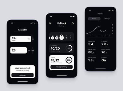 N-Back Challenge android app design appdesign black and white brain games challenge creative dark mode education inspiration interface ios minimal product design ui uitrends userexperience userinterface ux uxdesign