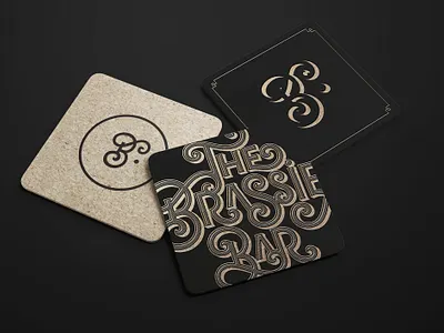 Logos variations for The Brassie Bar art direction bar branding coaster corporate identity font gold gold foil graphic design graphiste freelance lettering logo typography vintage