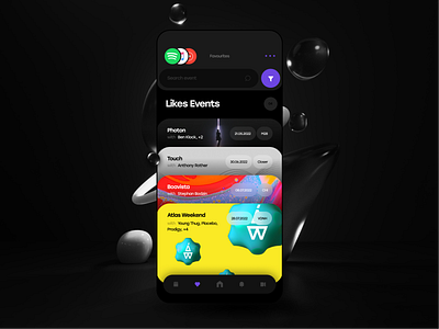 evento® 2022 3d app applemusic button clean events filter menu minimal music scroll search spotify tab trend typography ui ux youtubemusic
