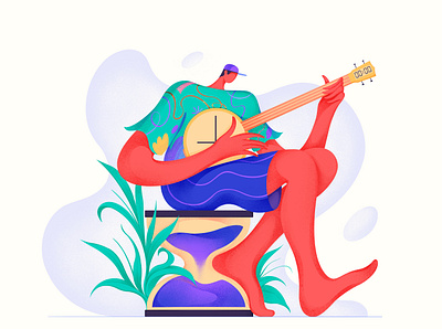 Play music - The Banjo Player 🎵 banjo character character design chill clock guitar happy illustration instrument man music musician plants play sandclock time ui vector watch web