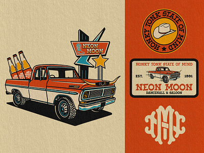 Neon Moon Design & Branding brand design brand identity branding car classic concept country ford graphic design honky tonk illustration logo logo design logo mark monogram patch retro truck vector vintage