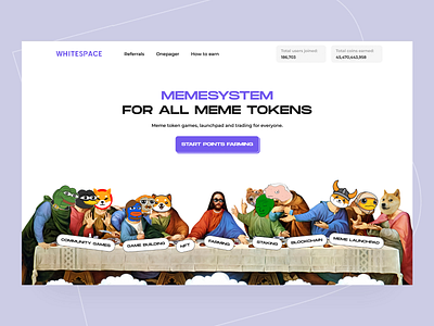 MEMESYSTEM - NFT GAMING WEBSITE blockchain characters community gaming crypto games defi fun game building interface design landing page meme coin memes nft nft gaming playful design staking tokens trading web design web3 white space