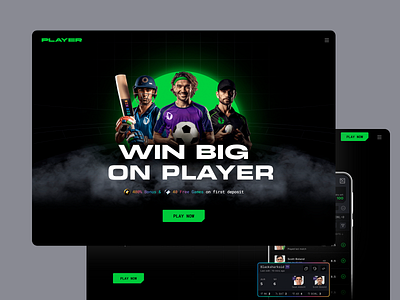 Gaming Platform concept : PLAYER betting betting platform cricket betting dark mode football betting free games gambling gamers gaming interface gaming platform landing page modern ui online betting online gaming sleek design sports sports book user experience user interface web ui