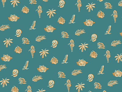 Hula Hawaiian Pattern aloha beach design graphic design hand drawing hawaii hawaiian hawaiian shirt merchandise palm pattern pattern design pattern shirt skull surf tropical tropical design wave