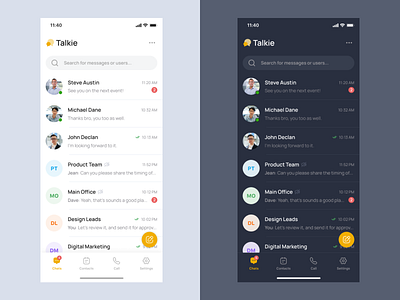 Talkie - Messaging App Light & Dark Mode app call chat clean dark mode design inbox ios light mode message messaging messenger minimal minimalist mobile social ui ux video call whitespace