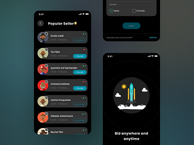 Noce - Sign in, Onboarding, Popular Seller Page (Dark Mode) app auction bidding cryptocurrency dark mode eth ethereum illustration ios log in minimal mobile mobile app nft onboarding sign in token ui ui kit ux