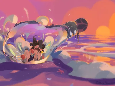 reading drawing illustration light bulb painting seaside sunset 玻璃