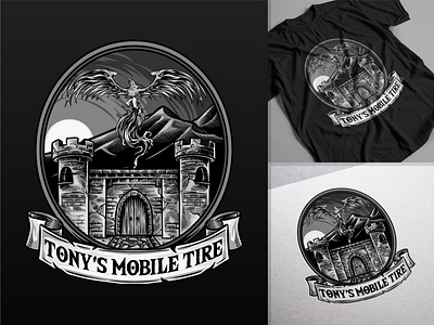 Tony's Mobile Tire badge badge design brand identity branding castle dark design gate graphic design hand drawing hand drawn hand drawn logo illustration landscape logo logo design mountains phoenix vintage vintage logo