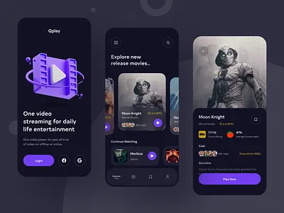Qplay 🎬🎥 clean dark design dark mode dark ui interface design ios application minimal mobile design mobile ui modern design movie movie streaming netflix streaming ui design ui ux design watch movie