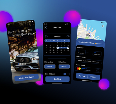 Car rental mobile app - dark theme app branding design graphic design illustration logo typography ui ux vector