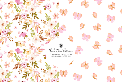 Duo Pink Patterns fabrics flowers seamless pattern watercolor