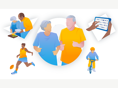 Exercise, nutrition and activity bicycle character cook design exercise football geometrical gradient graphic design illustration infographic nutrition old pensioner ride run soccer ukraine ukrainian artist vector