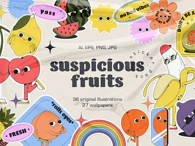 Suspicious Fruits - vector stickers 3d animation app branding design graphic design illustration logo motion graphics ui vector