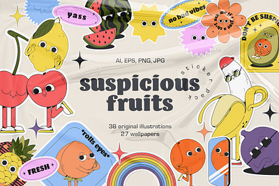 Suspicious Fruits - vector stickers 3d animation app branding design graphic design illustration logo motion graphics ui vector