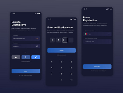 Login and Registration Screen - Organize Pro 2022 animation app design app ui branding calendar calendarapp design finance financeapp free freedownload freeuikit graphic design login logo registration signup ui